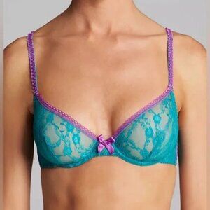 L’Agent Lace Bra - Monica Unlined Underwire Plunge Blue and Purple Size 32E